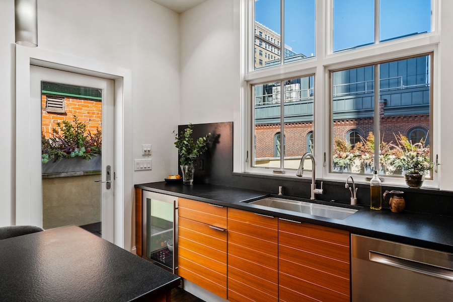 house for sale rittenhouse square upside-down contemporary townhouse kitchen and door to deck